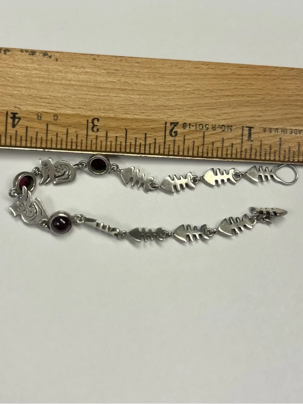 Vintage Fish bones cat garnet gemstone link bracelet sterling silver 925 - Picture 15 of 16